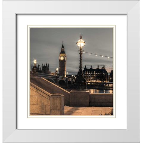 Westminster bridge and Big Ben from Thames promenade, London, UK White Modern Wood Framed Art Print with Double Matting by Frank, Assaf