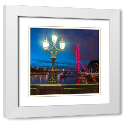 Street lamp with London Eye, London, UK White Modern Wood Framed Art Print with Double Matting by Frank, Assaf
