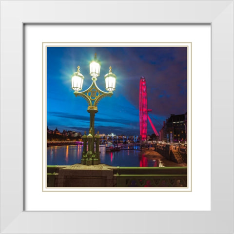 Street lamp with London Eye, London, UK White Modern Wood Framed Art Print with Double Matting by Frank, Assaf