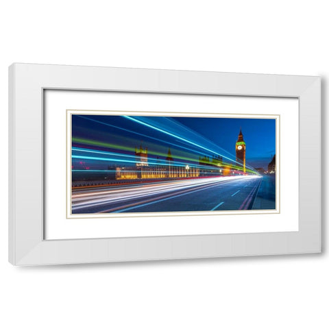Westminster Abby and Big Ben with strip lights, London, UK White Modern Wood Framed Art Print with Double Matting by Frank, Assaf