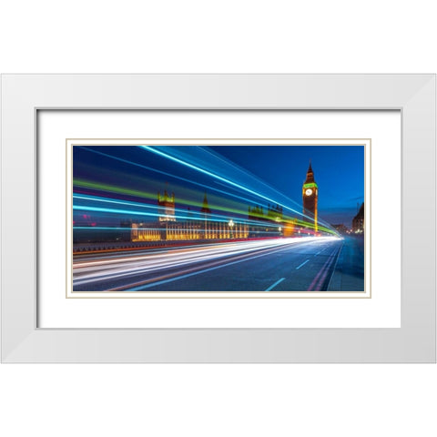 Westminster Abby and Big Ben with strip lights, London, UK White Modern Wood Framed Art Print with Double Matting by Frank, Assaf