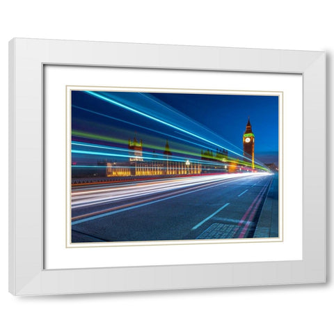 Westminster Abby and Big Ben with strip lights, London, UK White Modern Wood Framed Art Print with Double Matting by Frank, Assaf