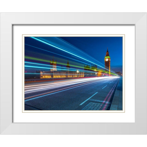 Westminster Abby and Big Ben with strip lights, London, UK White Modern Wood Framed Art Print with Double Matting by Frank, Assaf