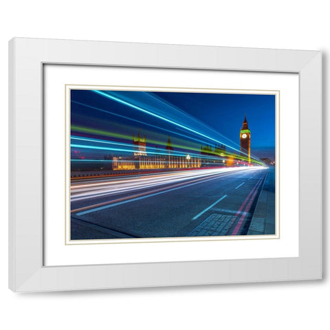 Westminster Abby and Big Ben with strip lights, London, UK White Modern Wood Framed Art Print with Double Matting by Frank, Assaf