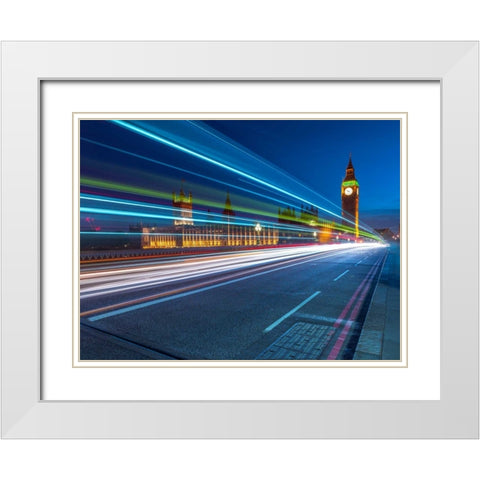 Westminster Abby and Big Ben with strip lights, London, UK White Modern Wood Framed Art Print with Double Matting by Frank, Assaf
