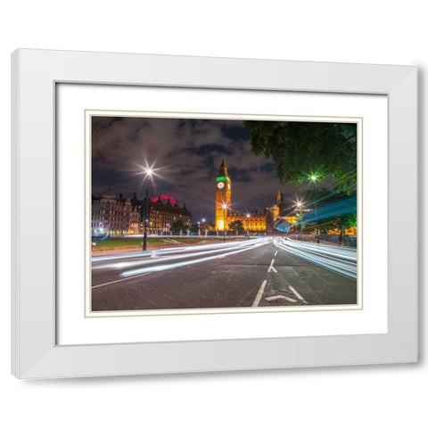 Westminster Abby and Big Ben with strip lights, London, UK White Modern Wood Framed Art Print with Double Matting by Frank, Assaf
