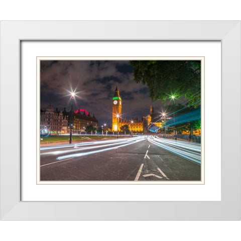 Westminster Abby and Big Ben with strip lights, London, UK White Modern Wood Framed Art Print with Double Matting by Frank, Assaf