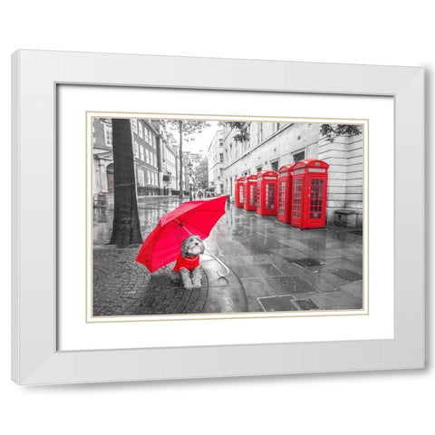 Dog with umbrella in London White Modern Wood Framed Art Print with Double Matting by Frank, Assaf