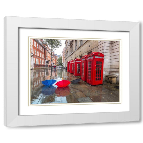 Telephone boxes with umbrellas White Modern Wood Framed Art Print with Double Matting by Frank, Assaf