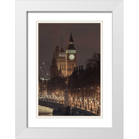 Evening view of Big Ben, London, UK, FTBR-1832 White Modern Wood Framed Art Print with Double Matting by Frank, Assaf