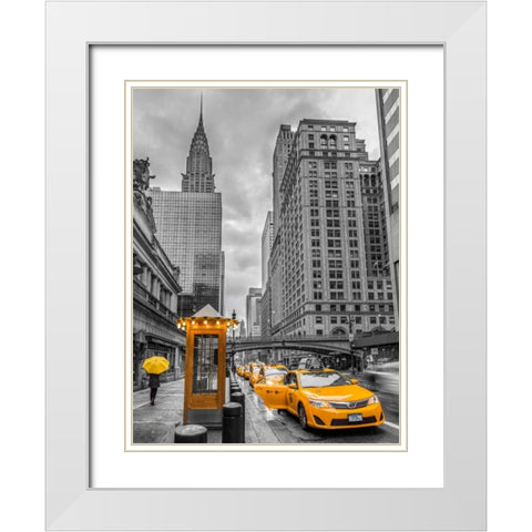 Cab on New York city street, FTBR-1840 White Modern Wood Framed Art Print with Double Matting by Frank, Assaf