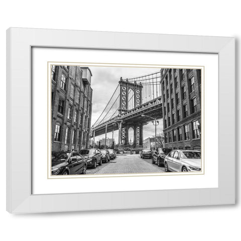 Manhattan bridge from a street-New York White Modern Wood Framed Art Print with Double Matting by Frank, Assaf