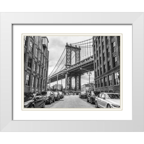 Manhattan bridge from a street-New York White Modern Wood Framed Art Print with Double Matting by Frank, Assaf