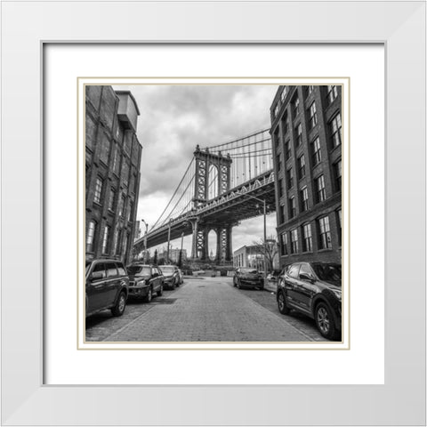 Manhattan bridge from a street, New York White Modern Wood Framed Art Print with Double Matting by Frank, Assaf