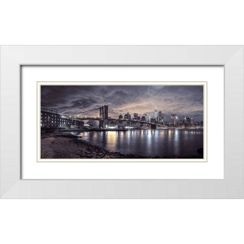Brooklyn Bridge and Manhattan skyline, New York White Modern Wood Framed Art Print with Double Matting by Frank, Assaf