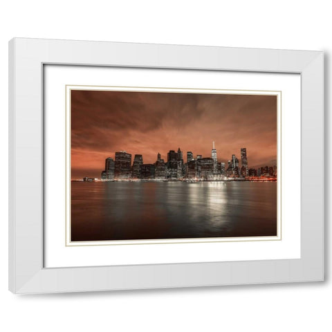 Lower Manhattan skyline in evening, New York White Modern Wood Framed Art Print with Double Matting by Frank, Assaf