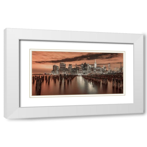 Manhattan skyline with rows of groynes in foreground, New York White Modern Wood Framed Art Print with Double Matting by Frank, Assaf