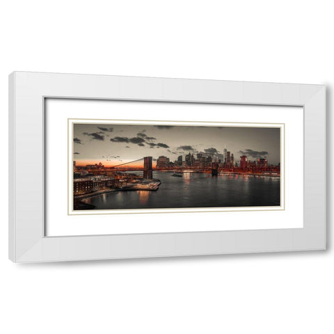 Evening view of Lower Manhattan sky-skyline with Brooklyn bridge over East river, New York, FTBR-190 White Modern Wood Framed Art Print with Double Matting by Frank, Assaf
