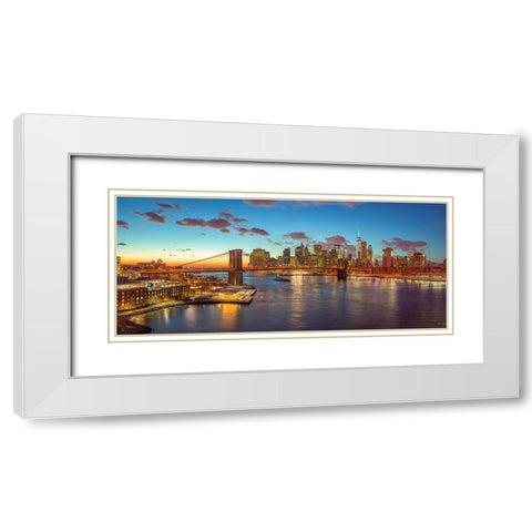 Evening view of Lower Manhattan skyline with Brooklyn bridge over East river, New York White Modern Wood Framed Art Print with Double Matting by Frank, Assaf