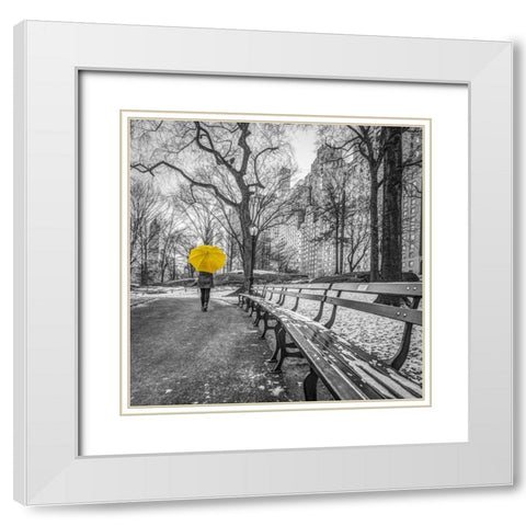 Tourist on pathway with Yellow umbrella at Central park-New York White Modern Wood Framed Art Print with Double Matting by Frank, Assaf