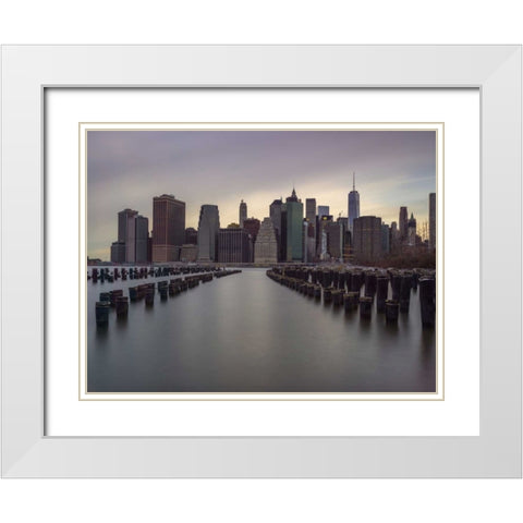 Manhattan skyline with rows of groynes in East river, New York White Modern Wood Framed Art Print with Double Matting by Frank, Assaf