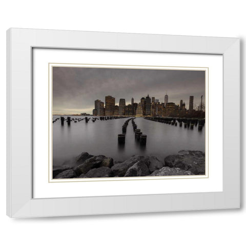 Manhattan skyline with rows of groynes in East river, New York White Modern Wood Framed Art Print with Double Matting by Frank, Assaf