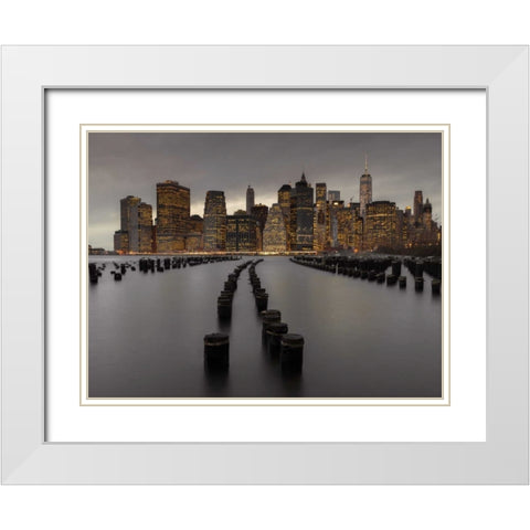 Manhattan skyline with rows of groynes in East river, New York White Modern Wood Framed Art Print with Double Matting by Frank, Assaf