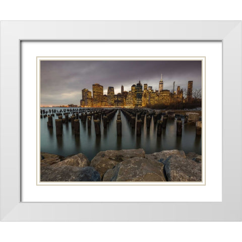 Manhattan skyline with rows of groynes in East river, New York White Modern Wood Framed Art Print with Double Matting by Frank, Assaf