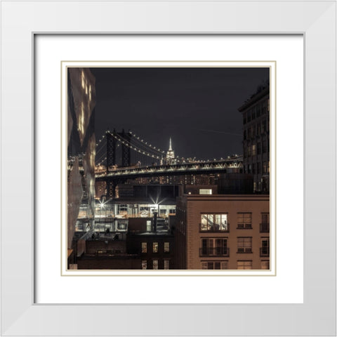 Manhattan bridge and cityscape, New York White Modern Wood Framed Art Print with Double Matting by Frank, Assaf