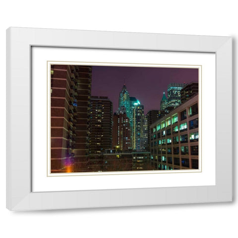 New York cityscape at night White Modern Wood Framed Art Print with Double Matting by Frank, Assaf