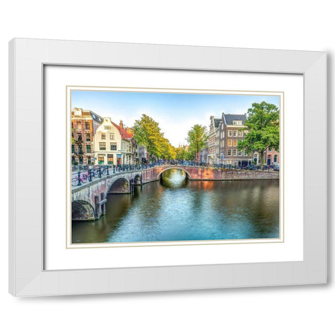 Canal through Amsterdam city White Modern Wood Framed Art Print with Double Matting by Frank, Assaf