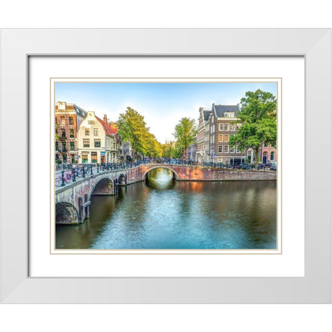 Canal through Amsterdam city White Modern Wood Framed Art Print with Double Matting by Frank, Assaf
