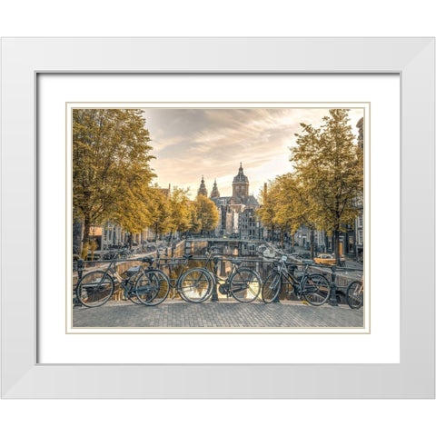 Bicycles parked along the canal-Amsterdam White Modern Wood Framed Art Print with Double Matting by Frank, Assaf