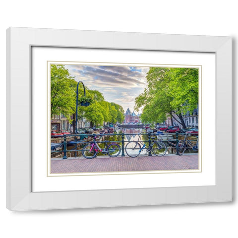 Bicycles parked along the canal, Amsterdam White Modern Wood Framed Art Print with Double Matting by Frank, Assaf