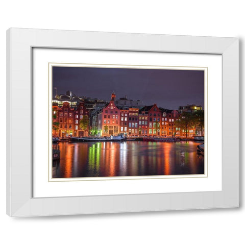 Amsterdam canal at night White Modern Wood Framed Art Print with Double Matting by Frank, Assaf