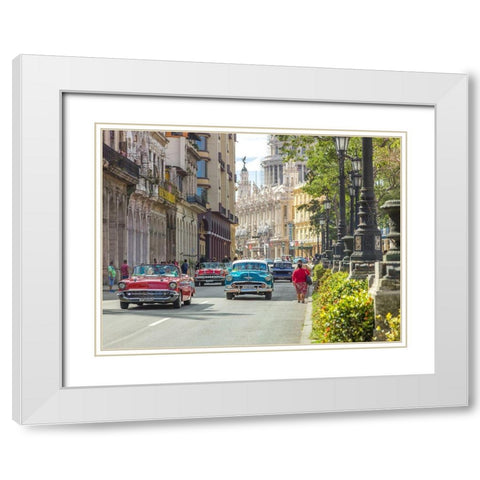 Vintage cars on Havana street, Cuba White Modern Wood Framed Art Print with Double Matting by Frank, Assaf