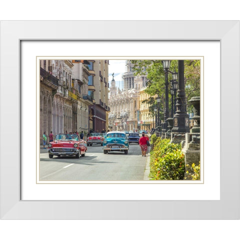 Vintage cars on Havana street, Cuba White Modern Wood Framed Art Print with Double Matting by Frank, Assaf
