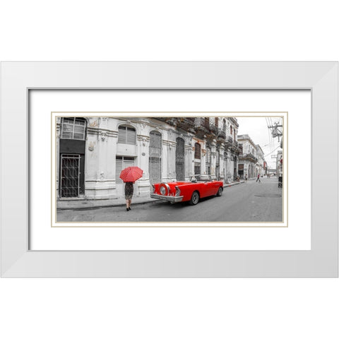 Woman with red umbrella by a vintage car on the street of Havana-Cuba White Modern Wood Framed Art Print with Double Matting by Frank, Assaf