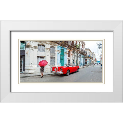 Woman with red umbrella by a vintage car on the street of Havana, Cuba, FTBR 1851 White Modern Wood Framed Art Print with Double Matting by Frank, Assaf