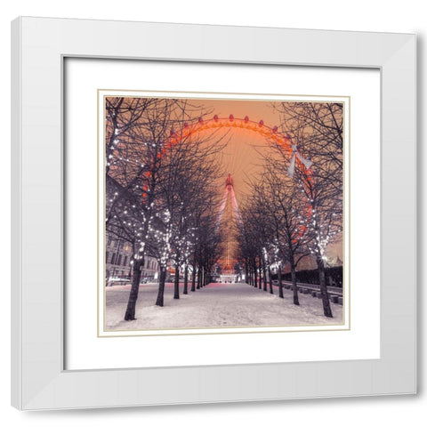 London Eye at night with trees in the foreground lit with lights and snow on the pathway-London-UK White Modern Wood Framed Art Print with Double Matting by Frank, Assaf