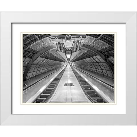 Escalator at subway station White Modern Wood Framed Art Print with Double Matting by Frank, Assaf