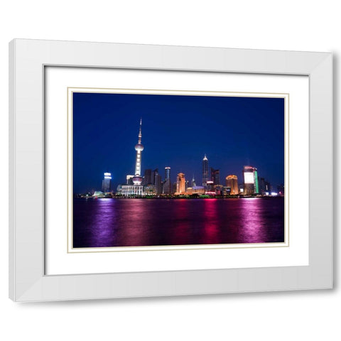 AF20050506 Shanghai Skyline Night 001C05 White Modern Wood Framed Art Print with Double Matting by Frank, Assaf