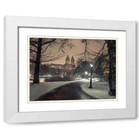 Path in cental park at night, winter, snow, New York. White Modern Wood Framed Art Print with Double Matting by Frank, Assaf
