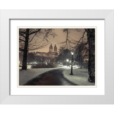 Path in cental park at night, winter, snow, New York. White Modern Wood Framed Art Print with Double Matting by Frank, Assaf