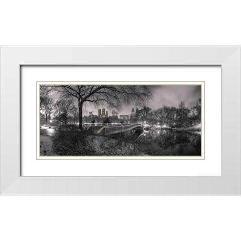Central park Bow Bridge with Manhattan skyline, New York White Modern Wood Framed Art Print with Double Matting by Frank, Assaf