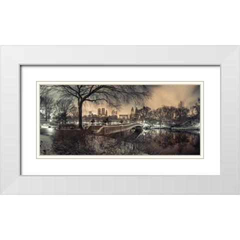 Central park Bow Bridge with Manhattan skyline, New York White Modern Wood Framed Art Print with Double Matting by Frank, Assaf