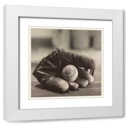 Ball In Mitt White Modern Wood Framed Art Print with Double Matting by Messer, Judy B.
