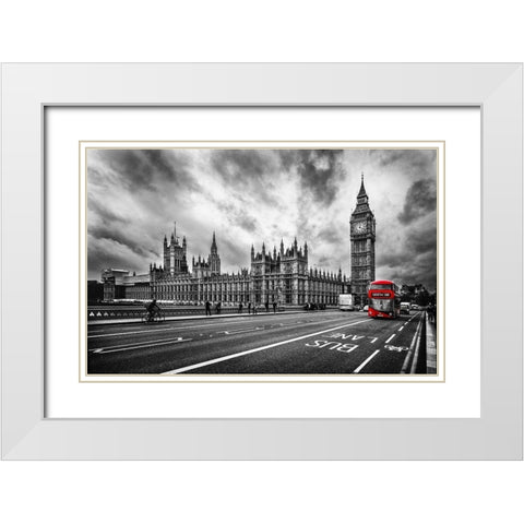 London Doubledecker White Modern Wood Framed Art Print with Double Matting by Kostka, Vladimir