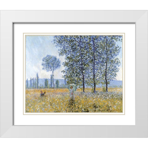 Sunlight Under The Poplars White Modern Wood Framed Art Print with Double Matting by Monet, Claude