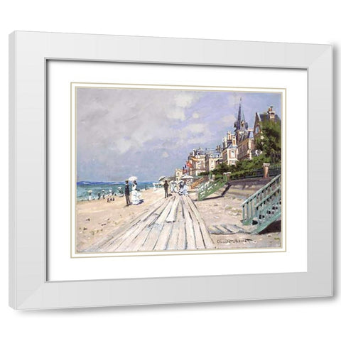 Beach at Trouville White Modern Wood Framed Art Print with Double Matting by Monet, Claude